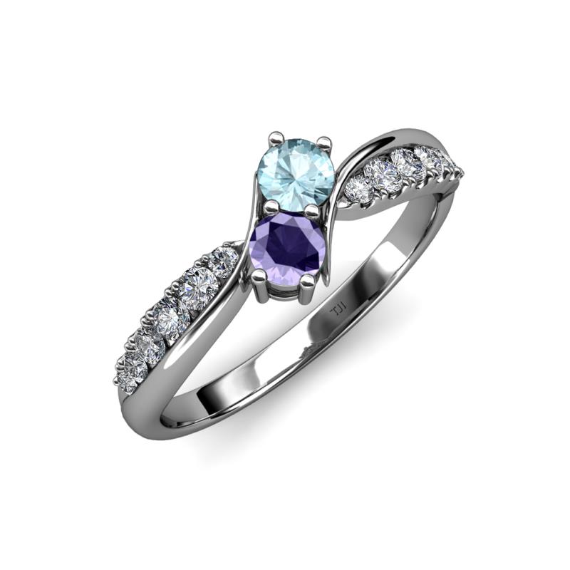 Nicia Aquamarine and Iolite with Side Diamonds Bypass Ring 