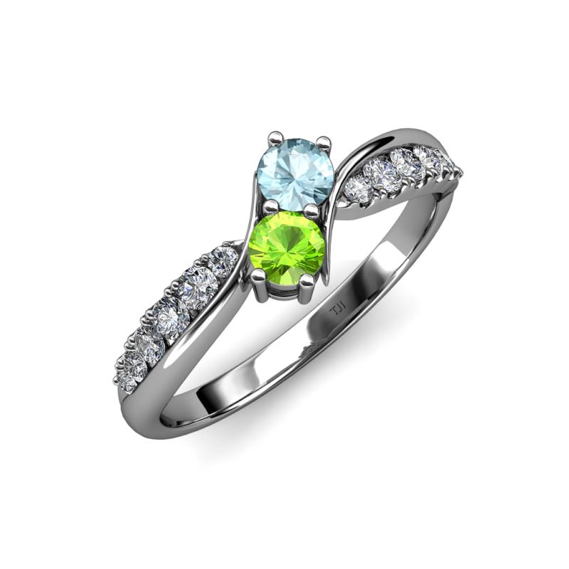 Nicia Aquamarine and Peridot with Side Diamonds Bypass Ring 