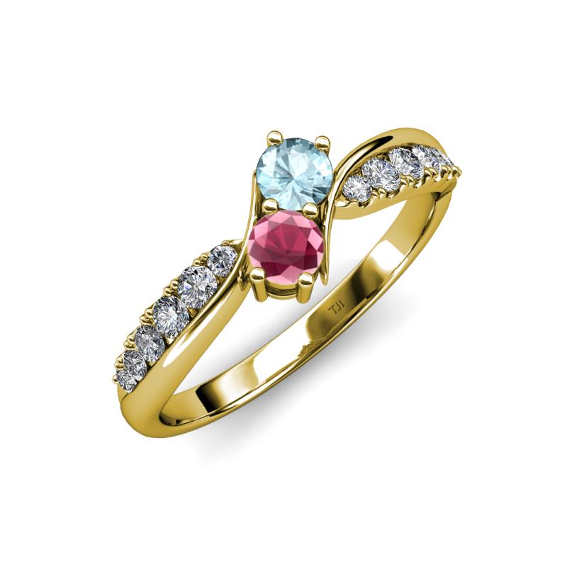 Nicia Aquamarine and Rhodolite Garnet with Side Diamonds Bypass Ring 