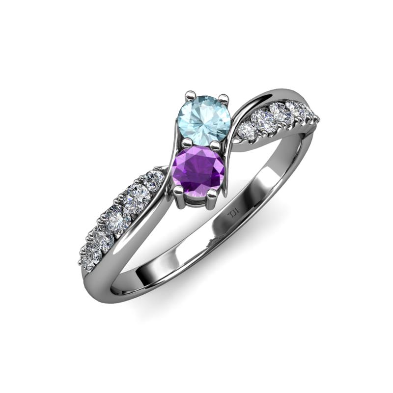 Nicia Aquamarine and Amethyst with Side Diamonds Bypass Ring 
