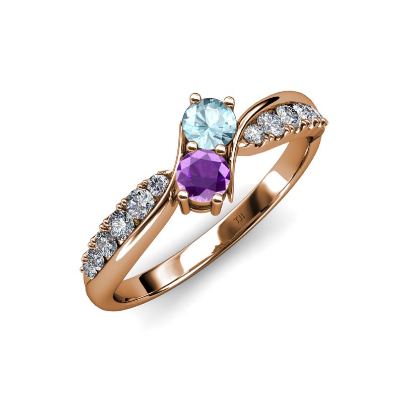 Nicia Aquamarine and Amethyst with Side Diamonds Bypass Ring 