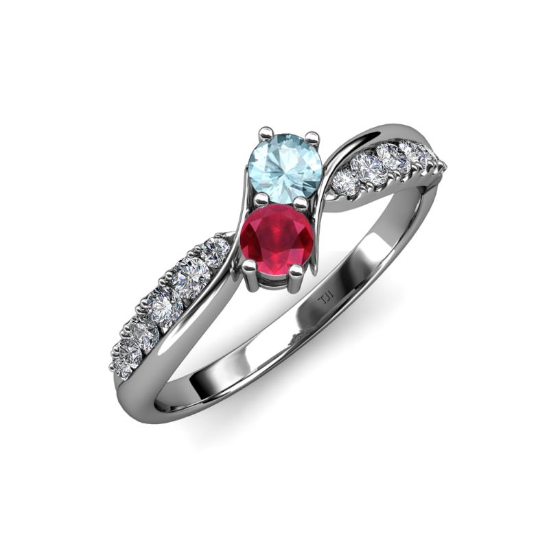 Nicia Aquamarine and Ruby with Side Diamonds Bypass Ring 
