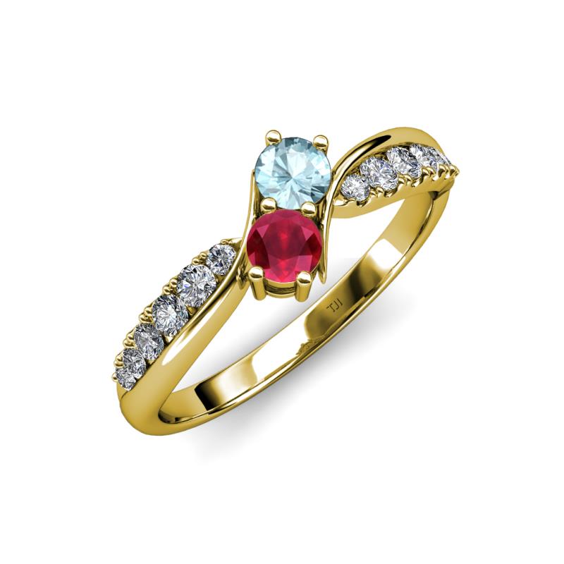 Nicia Aquamarine and Ruby with Side Diamonds Bypass Ring 