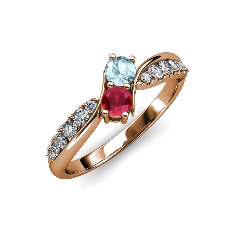 Nicia Aquamarine and Ruby with Side Diamonds Bypass Ring 