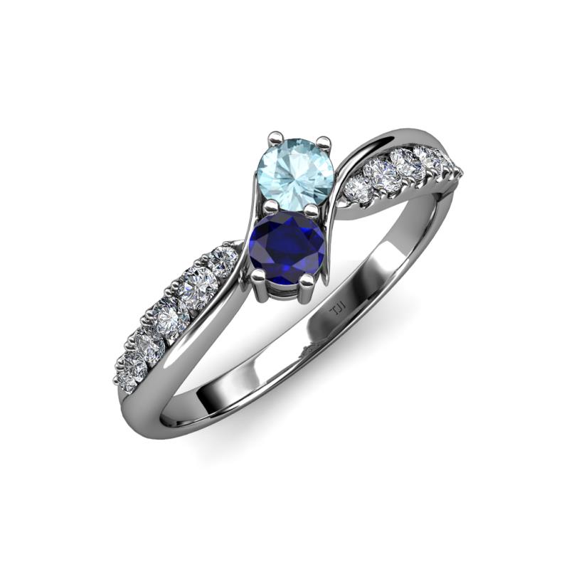 Nicia Aquamarine and Blue Sapphire with Side Diamonds Bypass Ring 