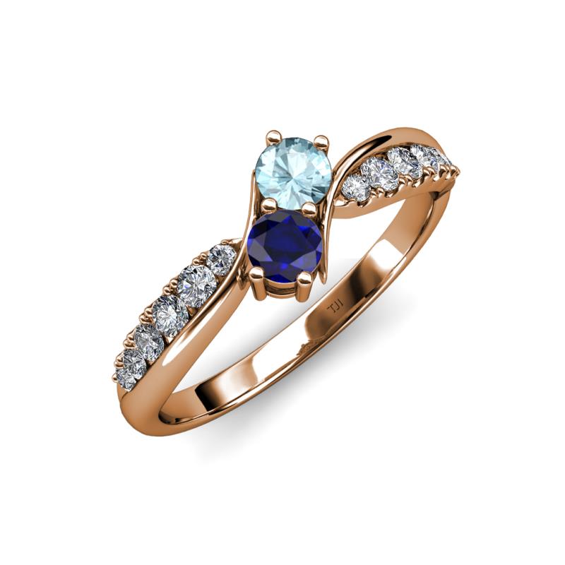 Nicia Aquamarine and Blue Sapphire with Side Diamonds Bypass Ring 