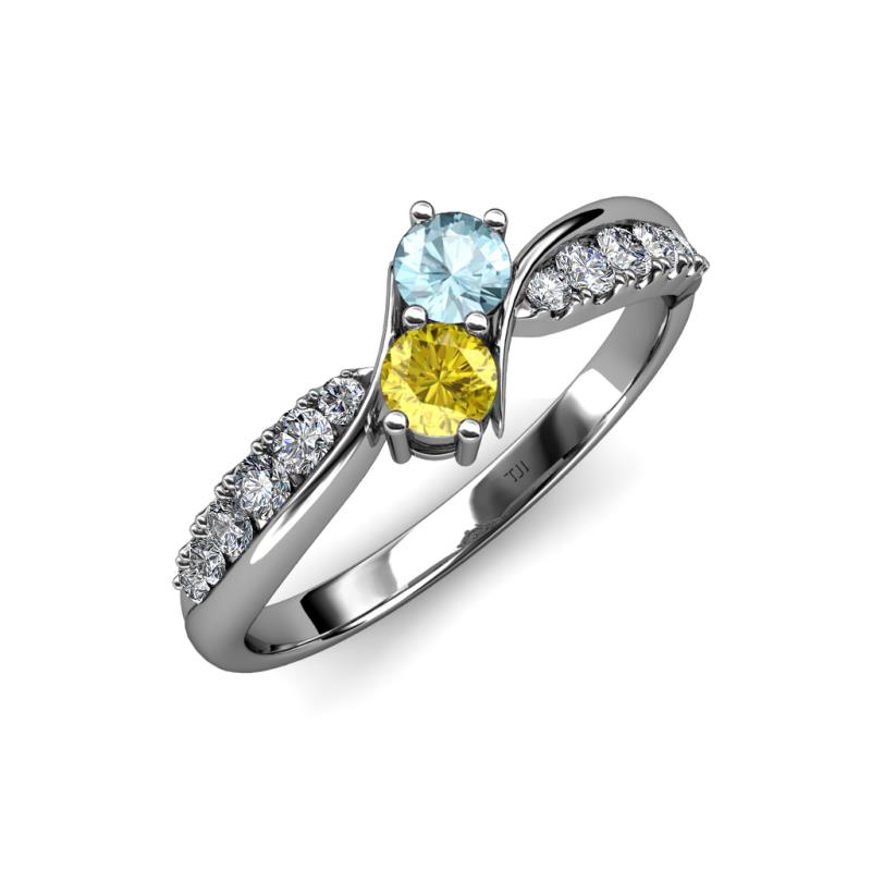 Nicia Aquamarine and Yellow Sapphire with Side Diamonds Bypass Ring 