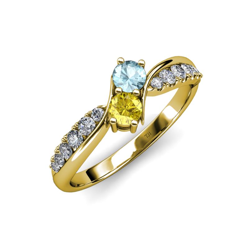 Nicia Aquamarine and Yellow Sapphire with Side Diamonds Bypass Ring 