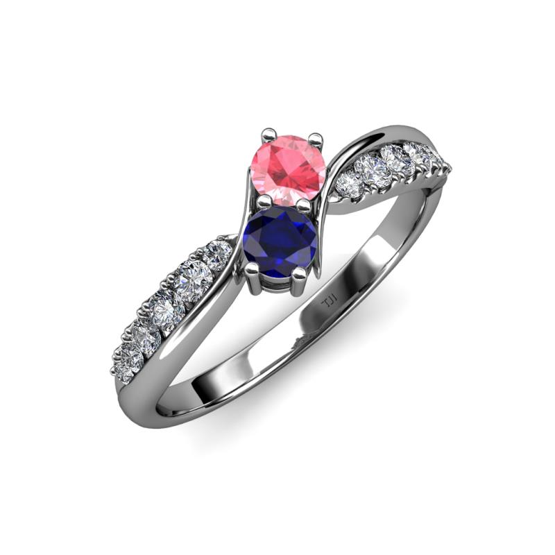 Nicia Pink Tourmaline and Blue Sapphire with Side Diamonds Bypass Ring 