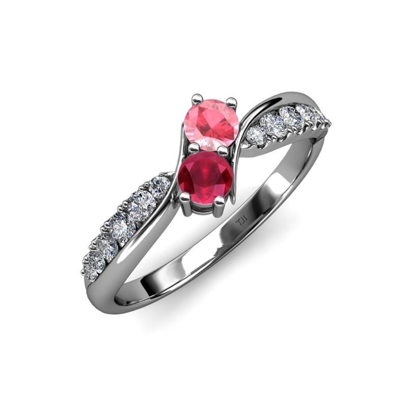 Nicia Pink Tourmaline and Ruby with Side Diamonds Bypass Ring 