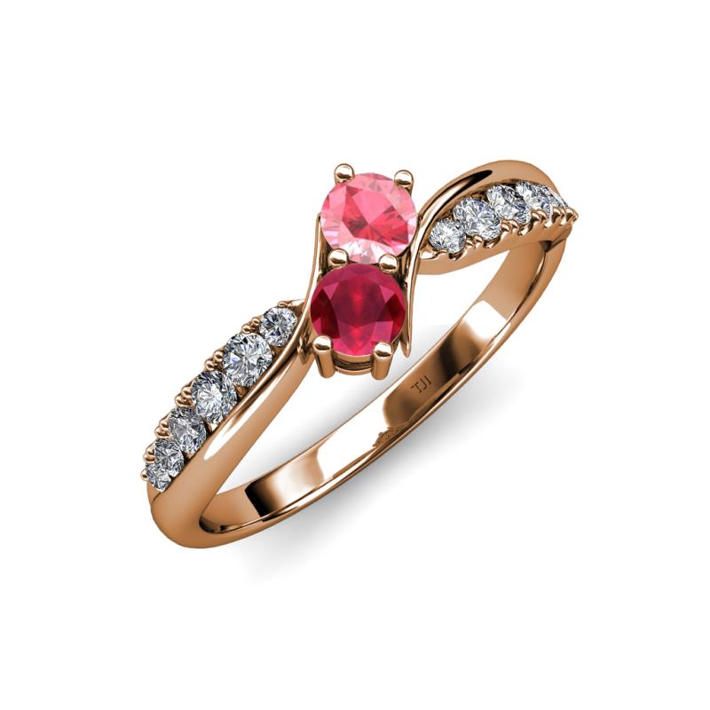 Nicia Pink Tourmaline and Ruby with Side Diamonds Bypass Ring 