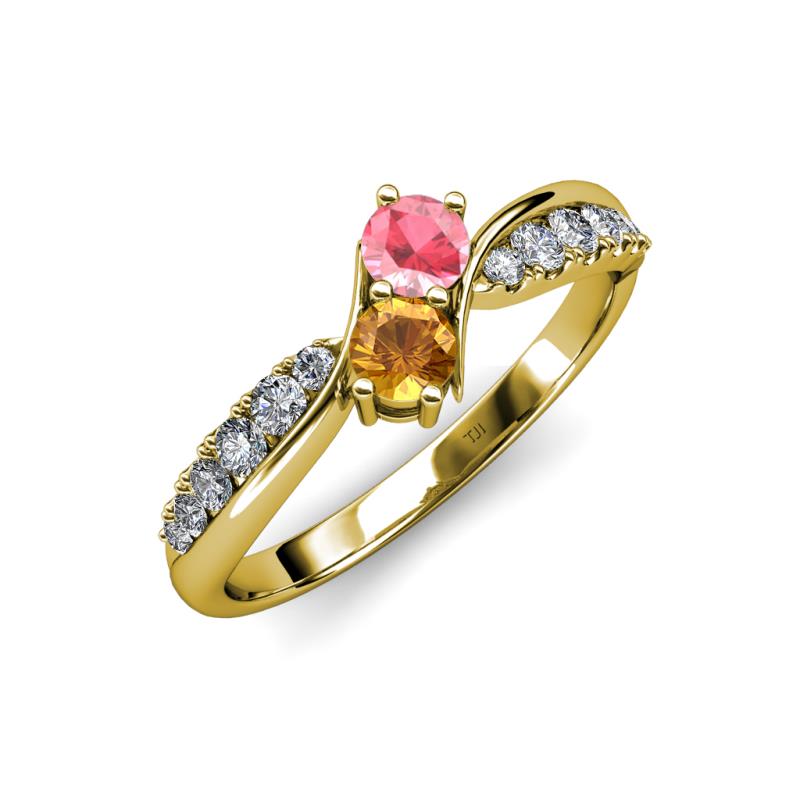 Nicia Pink Tourmaline and Citrine with Side Diamonds Bypass Ring 