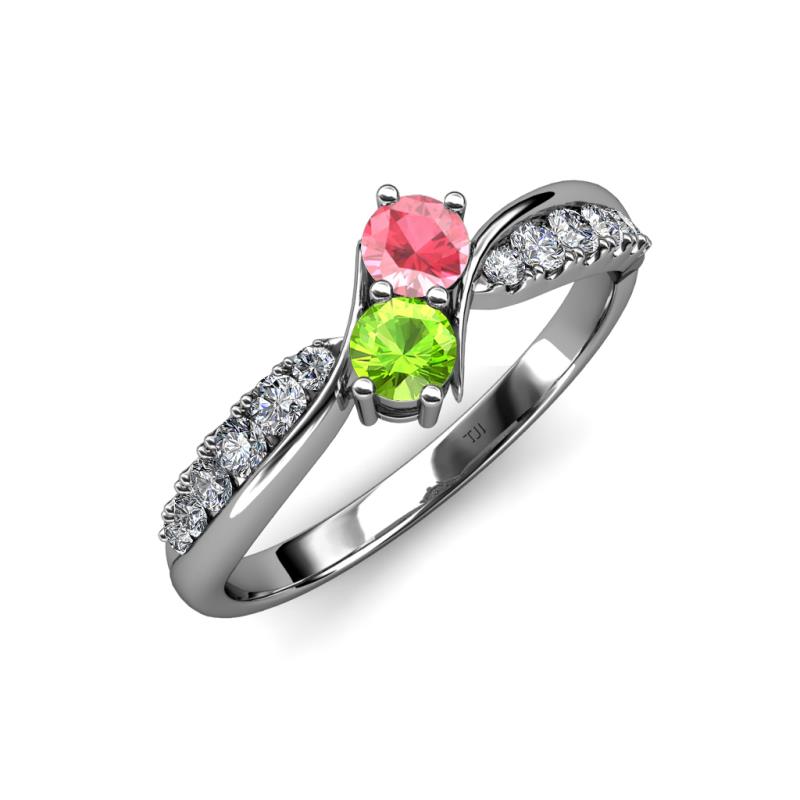 Nicia Pink Tourmaline and Peridot with Side Diamonds Bypass Ring 