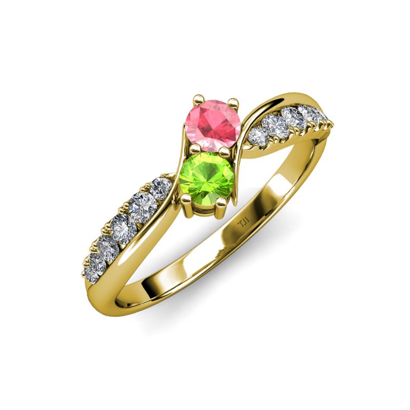 Nicia Pink Tourmaline and Peridot with Side Diamonds Bypass Ring 