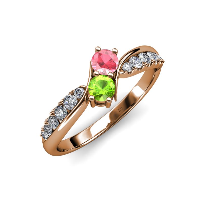 Nicia Pink Tourmaline and Peridot with Side Diamonds Bypass Ring 