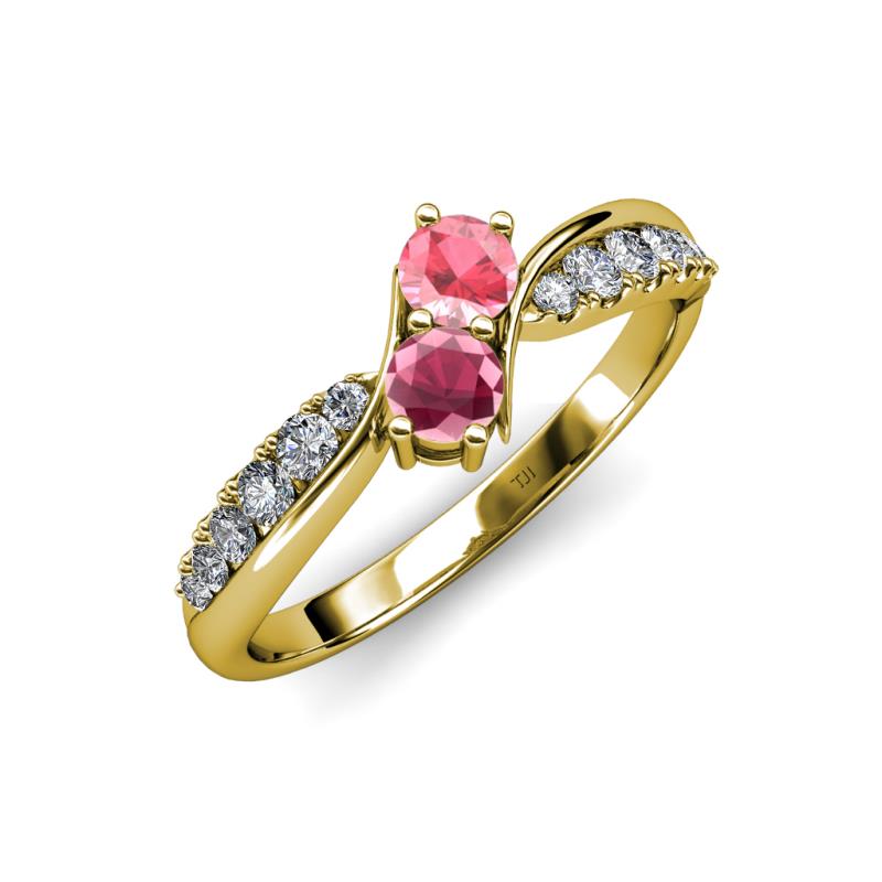 Nicia Pink Tourmaline and Rhodolite Garnet with Side Diamonds Bypass Ring 