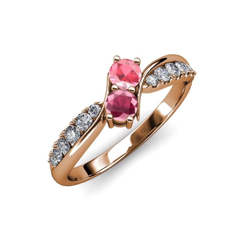 Nicia Pink Tourmaline and Rhodolite Garnet with Side Diamonds Bypass Ring 