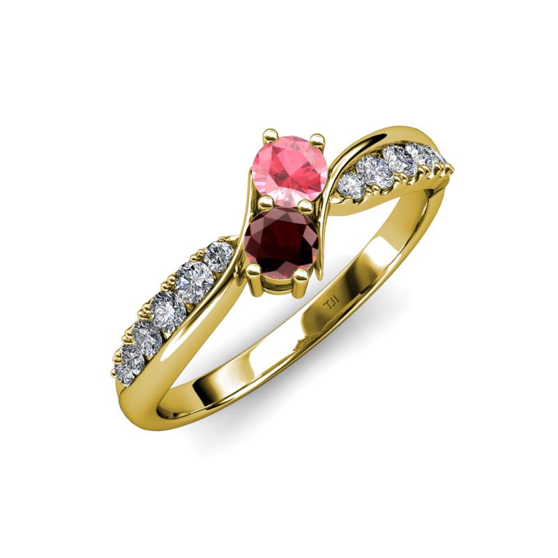 Nicia Pink Tourmaline and Red Garnet with Side Diamonds Bypass Ring 