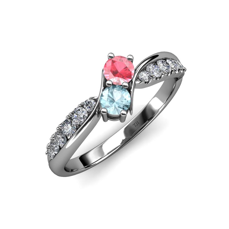 Nicia Pink Tourmaline and Aquamarine with Side Diamonds Bypass Ring 