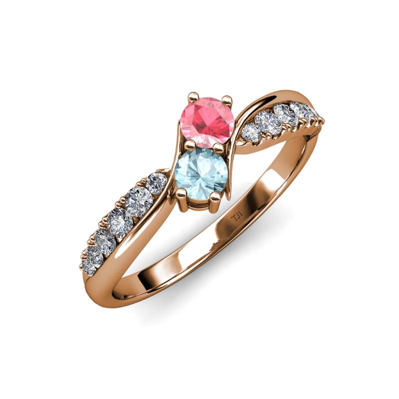 Nicia Pink Tourmaline and Aquamarine with Side Diamonds Bypass Ring 