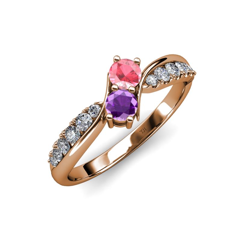 Nicia Pink Tourmaline and Amethyst with Side Diamonds Bypass Ring 