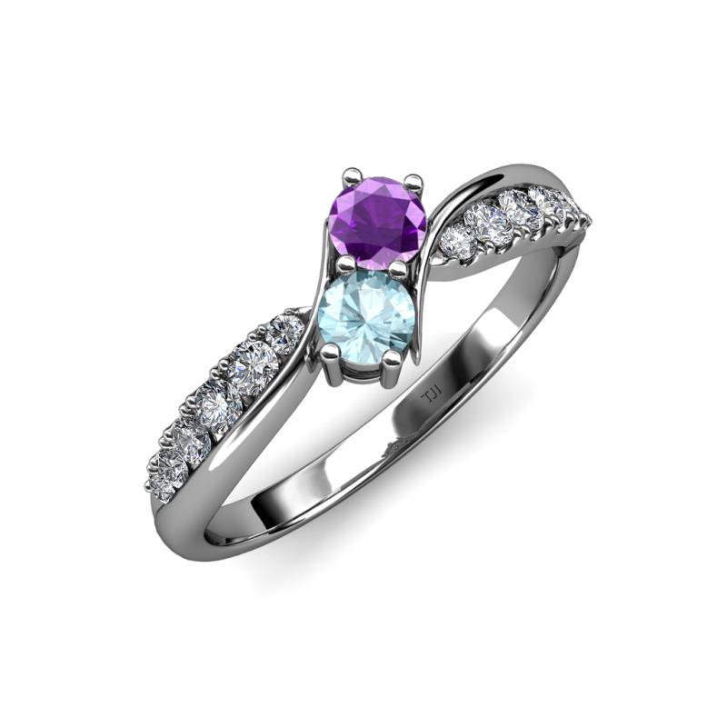 Nicia Amethyst and Aquamarine with Side Diamonds Bypass Ring 
