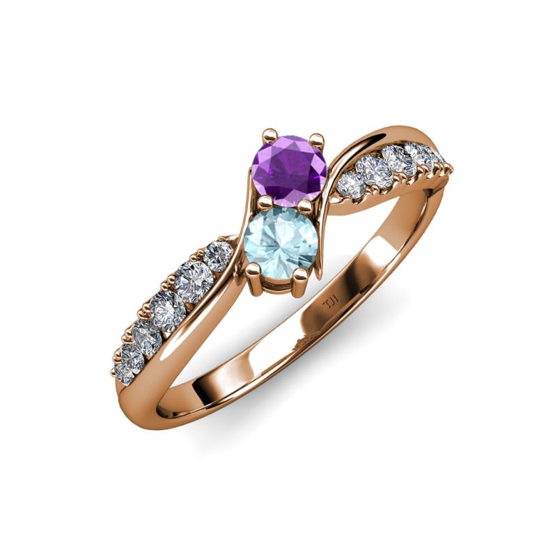Nicia Amethyst and Aquamarine with Side Diamonds Bypass Ring 
