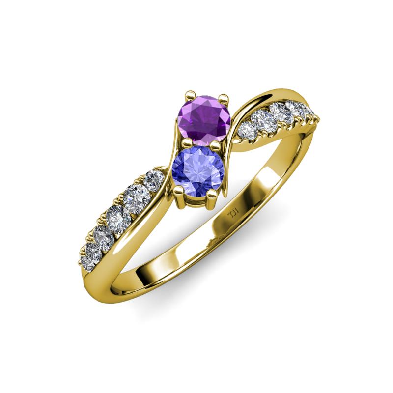 Nicia Amethyst and Tanzanite with Side Diamonds Bypass Ring 