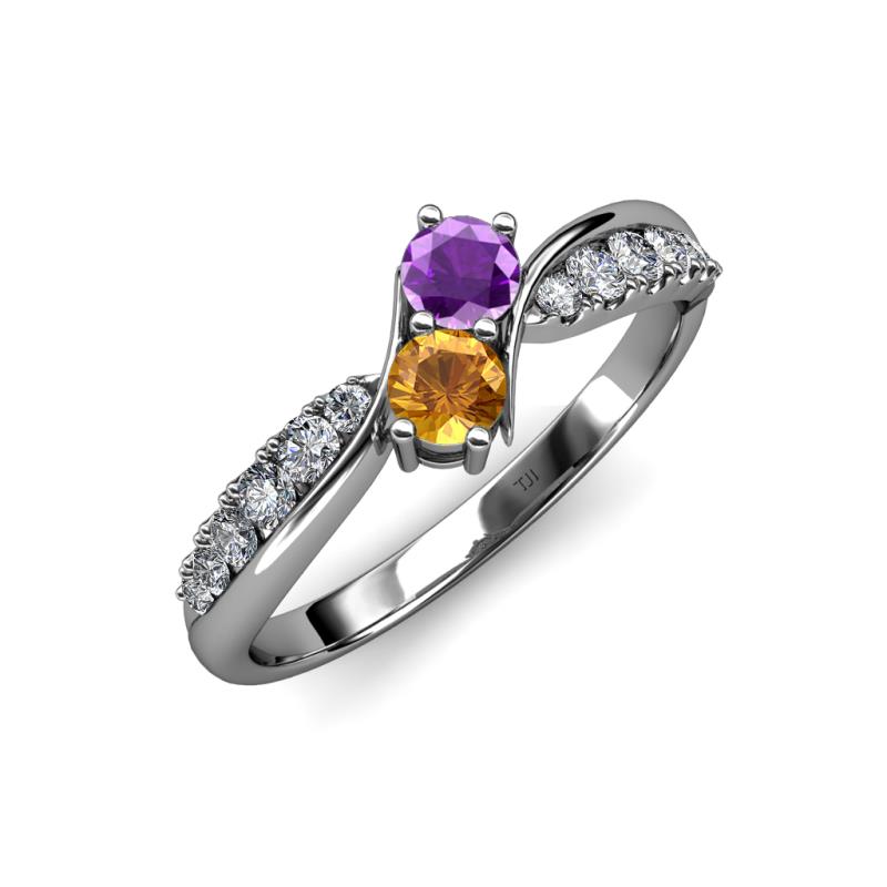 Nicia Amethyst and Citrine with Side Diamonds Bypass Ring 