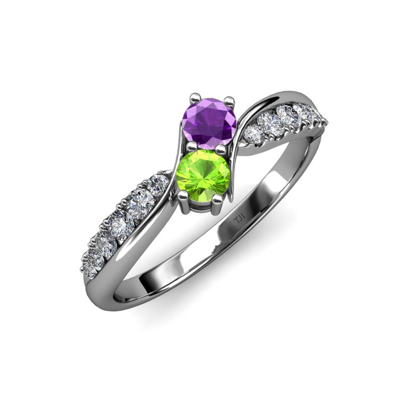 Nicia Amethyst and Peridot with Side Diamonds Bypass Ring 
