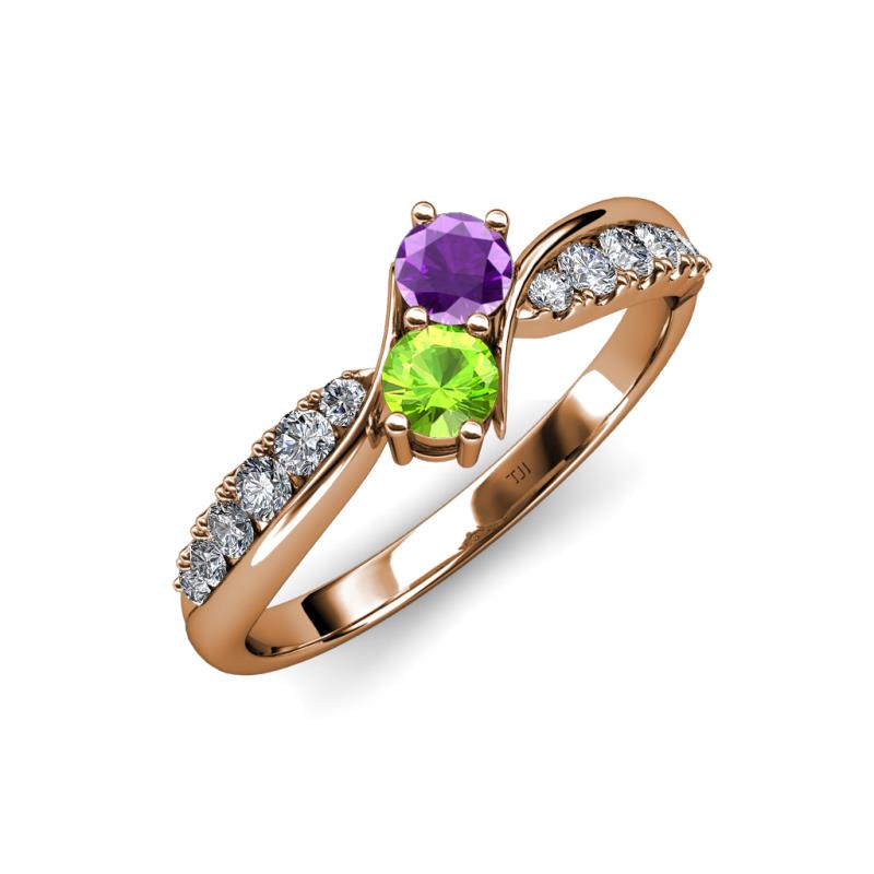 Nicia Amethyst and Peridot with Side Diamonds Bypass Ring 