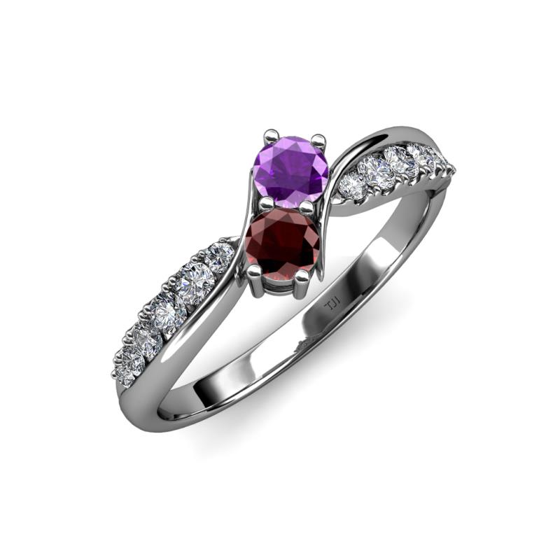 Nicia Amethyst and Red Garnet with Side Diamonds Bypass Ring 