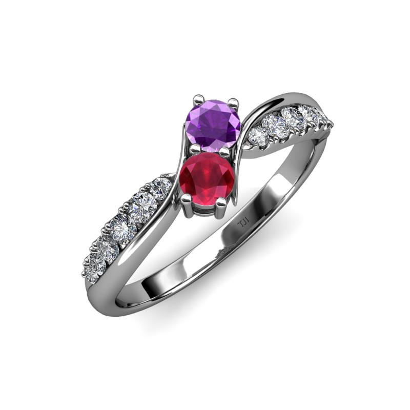 Nicia Amethyst and Ruby with Side Diamonds Bypass Ring 