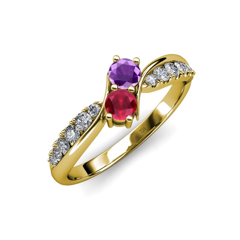 Nicia Amethyst and Ruby with Side Diamonds Bypass Ring 