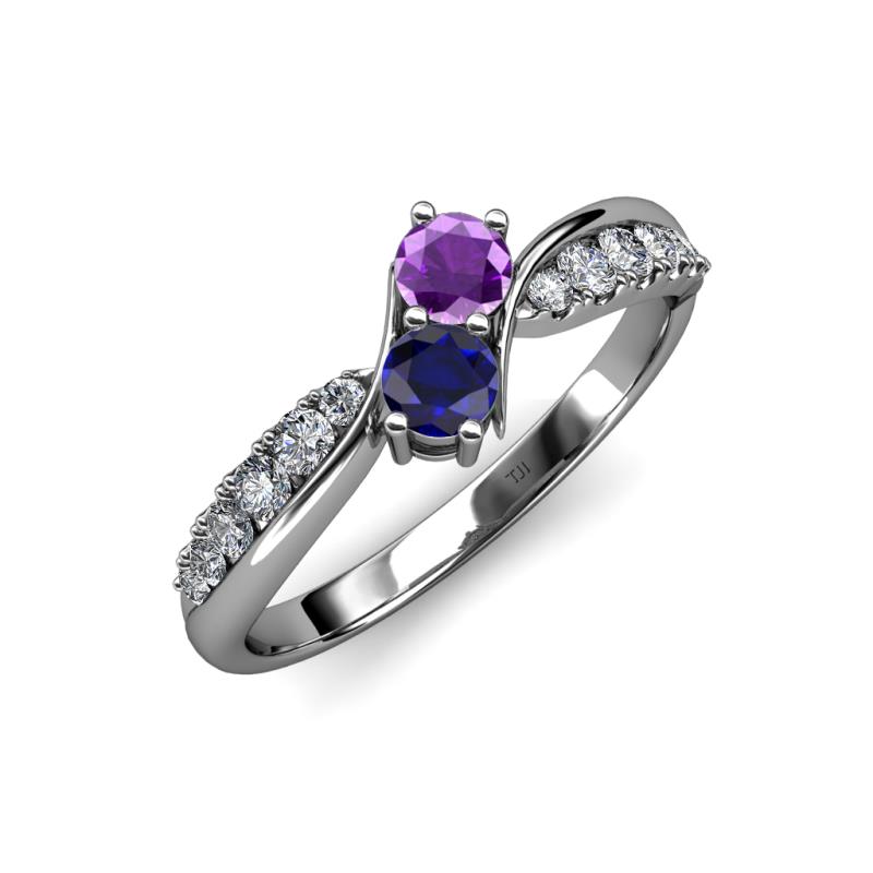 Nicia Amethyst and Blue Sapphire with Side Diamonds Bypass Ring 