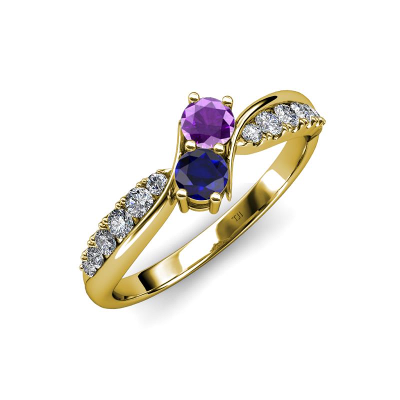 Nicia Amethyst and Blue Sapphire with Side Diamonds Bypass Ring 