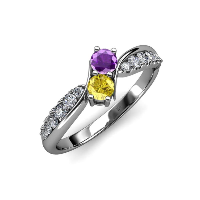 Nicia Amethyst and Yellow Sapphire with Side Diamonds Bypass Ring 