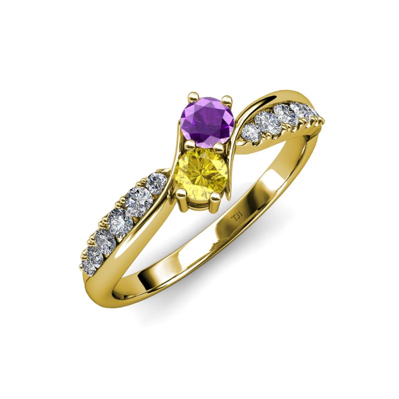 Nicia Amethyst and Yellow Sapphire with Side Diamonds Bypass Ring 