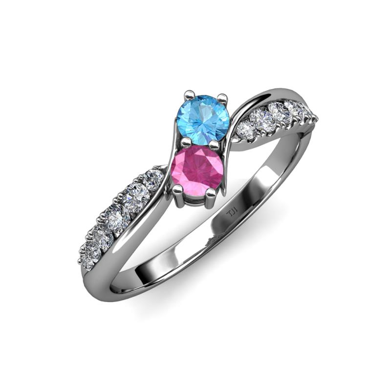 Nicia Blue Topaz and Pink Sapphire with Side Diamonds Bypass Ring 