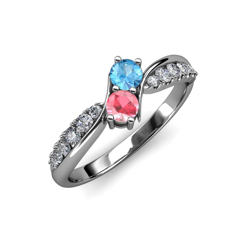 Nicia Blue Topaz and Pink Tourmaline with Side Diamonds Bypass Ring 