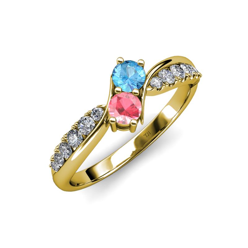 Nicia Blue Topaz and Pink Tourmaline with Side Diamonds Bypass Ring 
