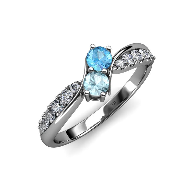 Nicia Blue Topaz and Aquamarine with Side Diamonds Bypass Ring 