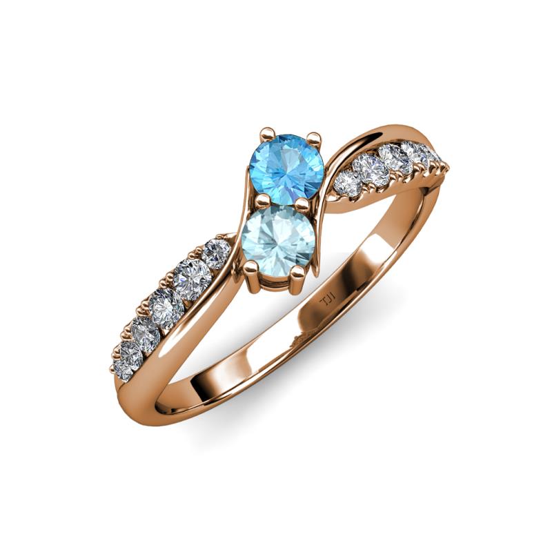 Nicia Blue Topaz and Aquamarine with Side Diamonds Bypass Ring 
