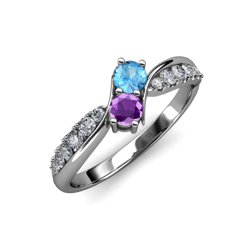 Nicia Blue Topaz and Amethyst with Side Diamonds Bypass Ring 