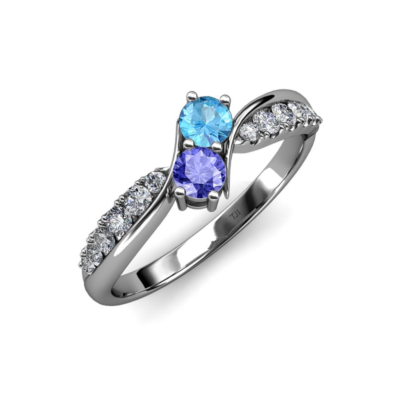 Nicia Blue Topaz and Tanzanite with Side Diamonds Bypass Ring 