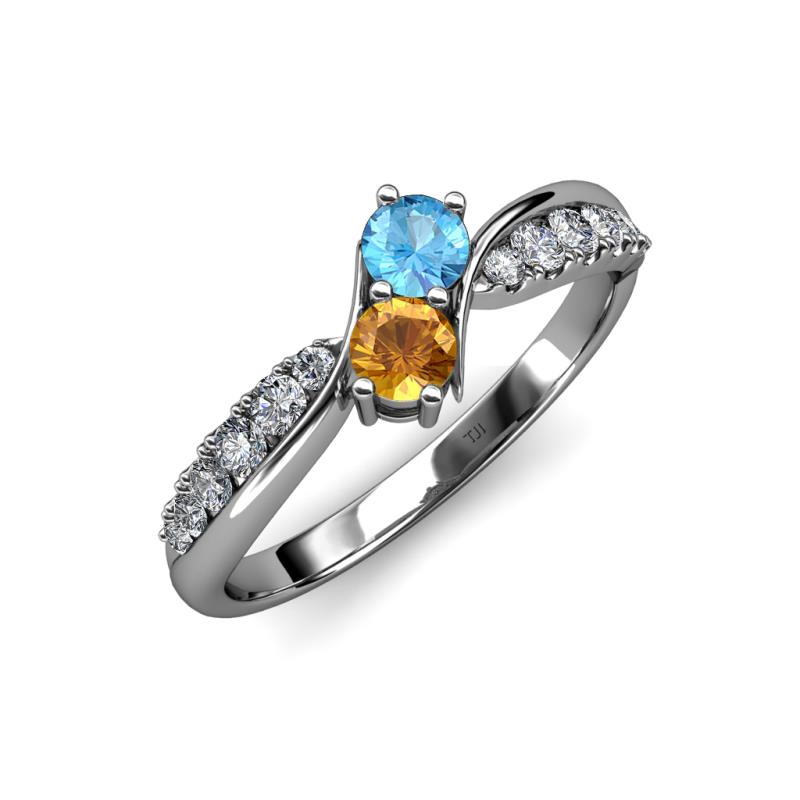 Nicia Blue Topaz and Citrine with Side Diamonds Bypass Ring 