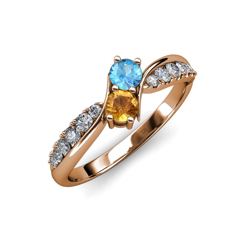 Nicia Blue Topaz and Citrine with Side Diamonds Bypass Ring 