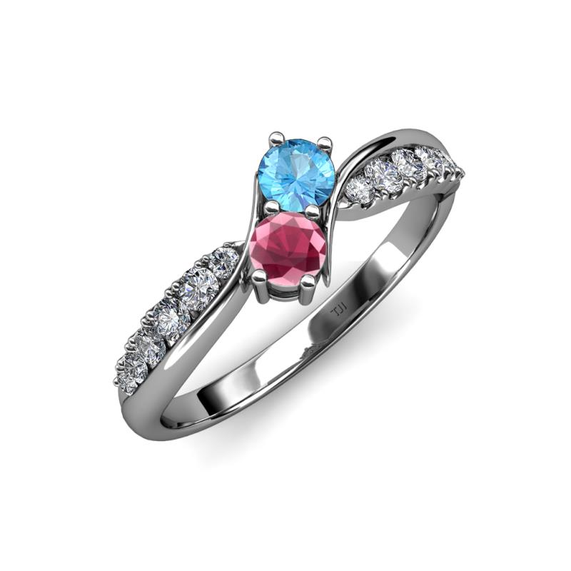 Nicia Blue Topaz and Rhodolite Garnet with Side Diamonds Bypass Ring 
