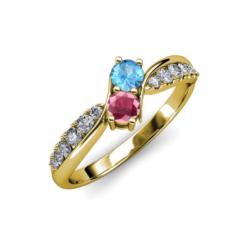 Nicia Blue Topaz and Rhodolite Garnet with Side Diamonds Bypass Ring 