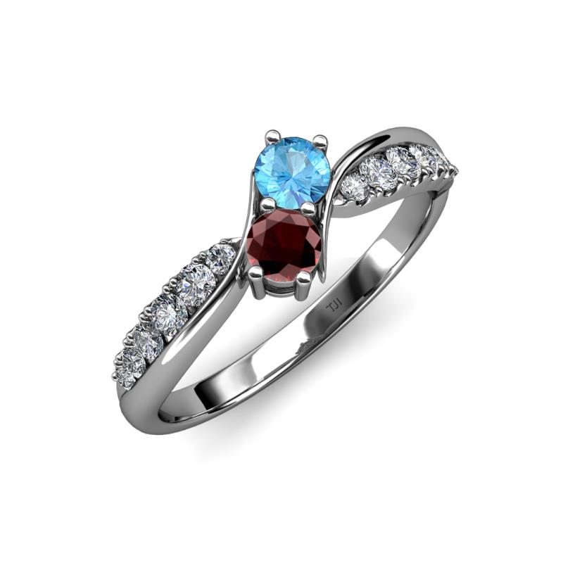 Nicia Blue Topaz and Red Garnet with Side Diamonds Bypass Ring 